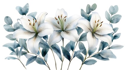 Minimalist watercolor floral arrangement with lilies and eucalyptus