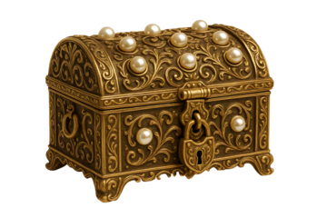 Ornate antique golden treasure chest with pearls isolated on transparent background