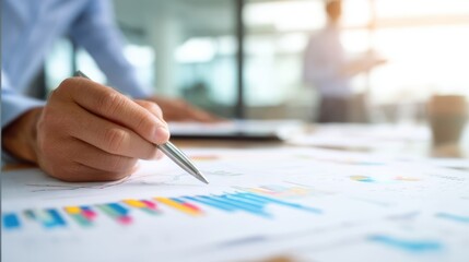The professional hand analyzing financial data in a modern office setting