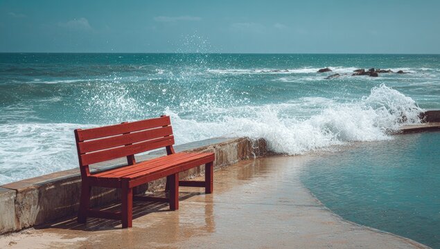 Red wooden bench by crashing waves on a beach - Powered by Adobe