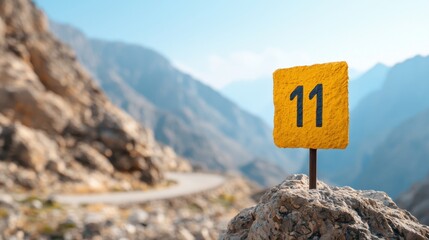 Vibrant Yellow Milestone Number 11 Against Stunning Mountain Landscape with Clear Blue Sky