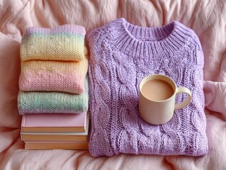 Cozy sweaters, books, and coffee on a bed