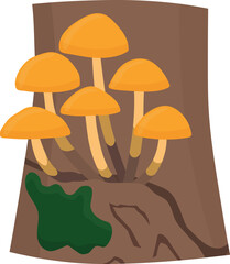 Mushroom (Flammulina velutipes) growing on tree. Cartoon flat vector isolated on white background.