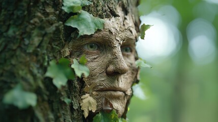 Obraz premium Realistic tree face sculpture integrated with natural forest surroundings, showcasing harmony between nature and art