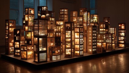 A miniature city of wooden buildings, lit from within. 
