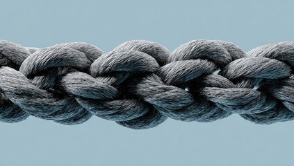 Close-up of a dark gray braided rope against a pale blue background.  The rope is tightly woven, showing intricate patterns in the braids