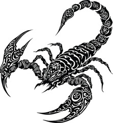 Tribal Scorpion Vector Illustration – Fierce Black Ink Design with Ornamental Details for Tattoo, Zodiac, or Edgy Graphic Art