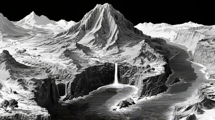 Topographic map in black and white. Geographic relief of mountains and ocean floor in vector illustration. Texture of topographic image. Graphic contour lines of height. Maui, Hawaii, USA, waterfalls,