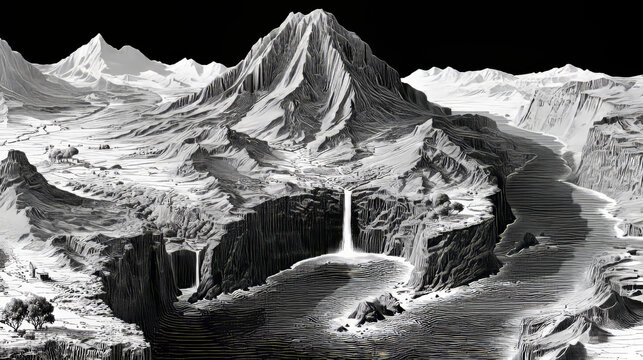 Topographic map in black and white. Geographic relief of mountains and ocean floor in vector illustration. Texture of topographic image. Graphic contour lines of height. Maui, Hawaii, USA, waterfalls,
