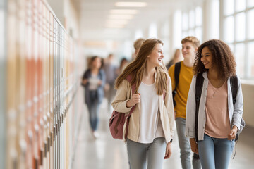 Two teenage girls walking and smiling in a bright school hallway with pastel lockers and backpacks, soft daylight from windows, candid back to school moment