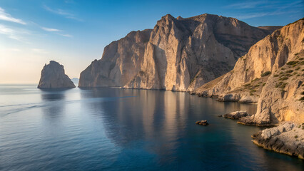 Rugged coastal cliffs with isolated rock formation rising from calm blue sea under clear sky – Nature, landscape, geology, travel, serenity, erosion, scenic view