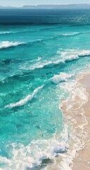Turquoise waves lapping at a light beige beach, with a distant horizon