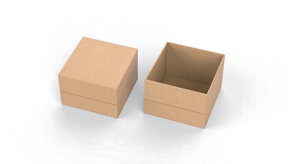 Fototapeta premium Two open square kraft paper boxes rest on a plain white background.