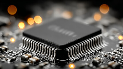 Monochrome digital circuit with central chip. Black background and silver lines create high-tech style with minimalist aesthetics, symbolizing artificial intelligence and advanced technologies.