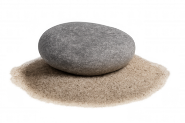 Smooth gray pebble placed on a small pile of fine sand, isolated on a transparent background, offering versatile design possibilities