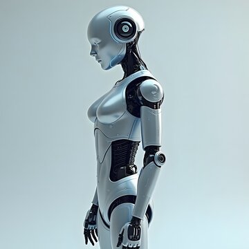 Futuristic 3D mechanical android character with a robotic hand and arm on a blue screen