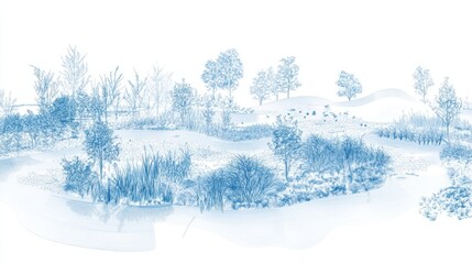 Blueprint of constructed wetland for farm runoff purification with vegetation zones and flow controls. White background.