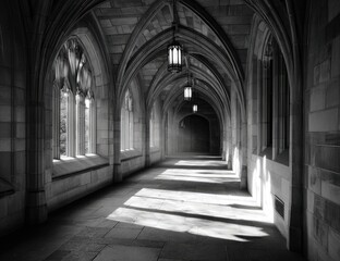 Fototapeta premium A sunlit stone corridor. Gothic arches, windows, and hanging lights