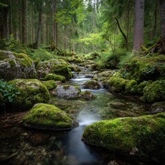 Obraz premium Crystal-clear stream winding through a mossy forest. Lush greenery surrounds large, moss-covered rocks. Sunlight filters through the trees