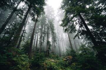 Misty forest canopy, looking up at tall trees