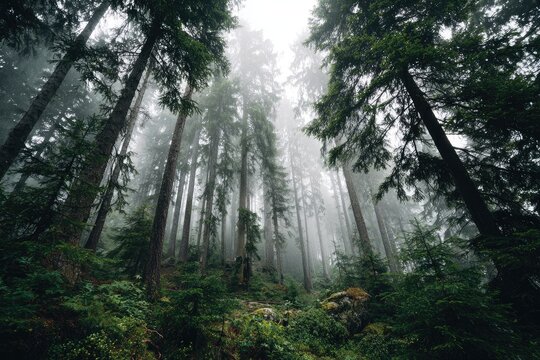 Misty forest canopy, looking up at tall trees