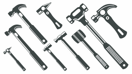Illustration of various types of hammers including claw hammer and mallet in a black and white vector design