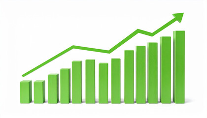 A dynamic 3D bar chart with an upward-pointing arrow illustrates financial market growth and business success