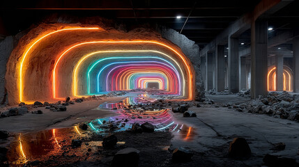 3d render. Geometric figure in neon light against a dark tunnel. Laser glow.