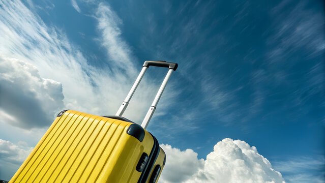 Yellow suitcase with extended handle against blue sky with clouds – Travel readiness, vacation theme, lifestyle, suitcase, sky, clouds, journey, adventure