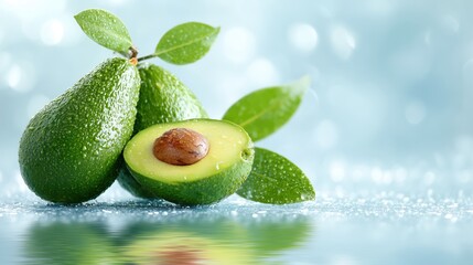 Fresh Avocados with Leaves on Reflective Surface for Food Blogs and Culinary Websites