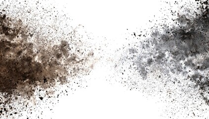 Two bursts of brown and grey powder, isolated on white