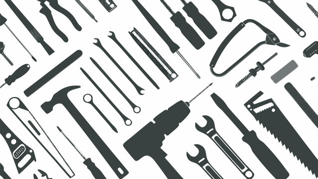 An assortment of various tools in black silhouette arranged on a white background in a random pattern