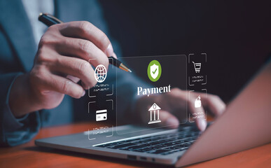 Businessman using laptop with secure online payment system interface, representing digital banking, e-commerce transaction, financial technology, mobile wallet, credit card payment secure.