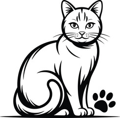 Obraz premium Black and white cat illustration with paw print, elegant feline artwork design, pet vector drawing for tattoo, decoration, and animal lovers