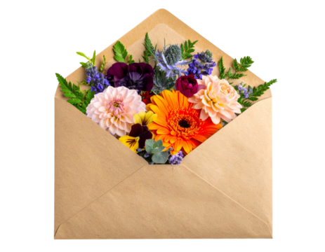 Floral Arrangement in Brown Kraft Envelope, isolated on transparent background PNG