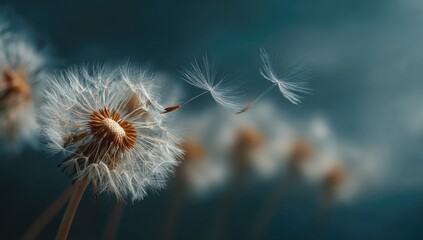 Dandelion seeds float in soft focus.  Blurred background.  Moody tones