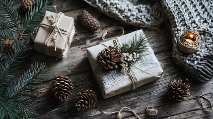 Fototapeta premium Cozy Christmas Gifts Rustic Wood Knit Blanket Winter Holiday Presents Pinecones Candle