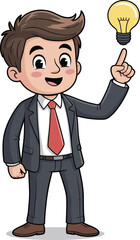 Cartoon businessman character, pointing finger, glowing light bulb, idea concept, smiling man, suit and tie, inspiration, white background