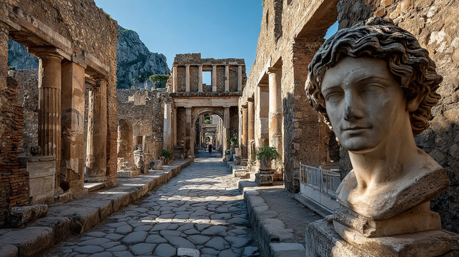 Ruins of the antique Temple of Apollo with bronze Apollo statue in Pompeii, Naples, Italy. View of the bronze sculpture of Apollo.The ruined city of Pompeii. Campania. Naples.