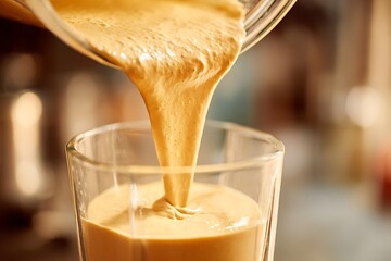 Creamy smoothie being poured into glass in kitchen