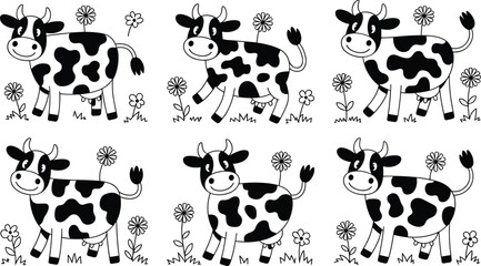 Cartoon cows in field, black and white spots, smiling faces, flowers and grass, playful farm animals, kids illustration, cheerful design, cute livestock