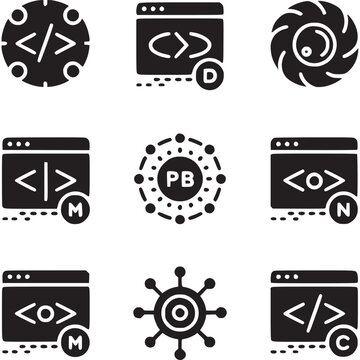 Coding, web development, and programming icons set, 8 black and white symbols, coding elements, web design, developer tools