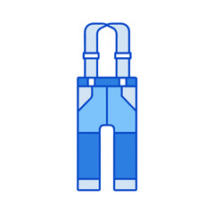 Flat illustration of blue denim overalls with white accents