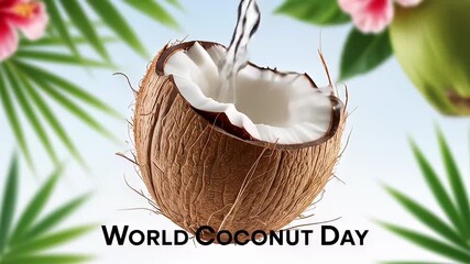 fresh coconut water pouring tropical leaves world day