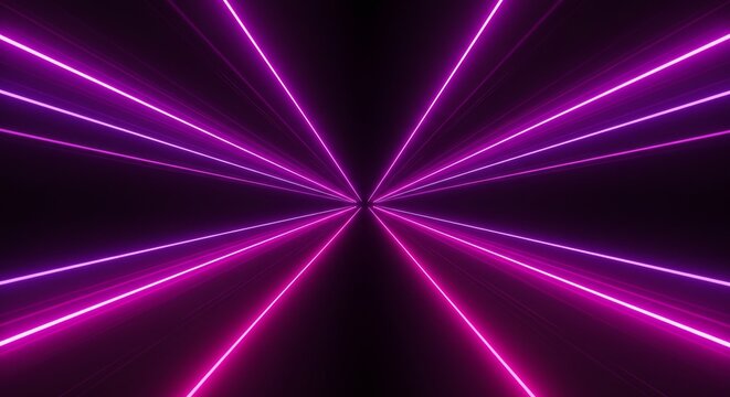 Infinite Perspective Tunnel of Glowing Pink and Purple Neon Light Beams.