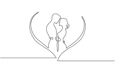 Romantic wedding couple in continuous one line drawing, vector.