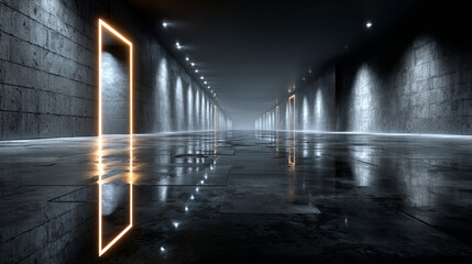 3d rendering. 360 degree spherical seamless vr panorama. Abstract empty dark interior with neon lighting, HDRI environment map of exhibition gallery with glossy walls.