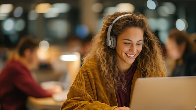 A Hispanic Latin Girl College Student Using Laptop Computer Watching Distance Online Learning Seminar Class, Remote University Webinar or Having Virtual Classroom Meeting. Generative Ai - Powered by Adobe