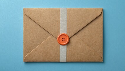 A light tan envelope with a decorative orange button and white tape