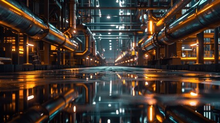 Fototapeta premium Industrial pipeline network reflections under dim illumination in a manufacturing plant